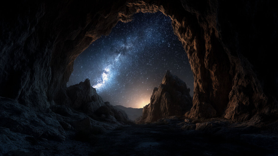 Abisso fantasy illuminato da bagliori